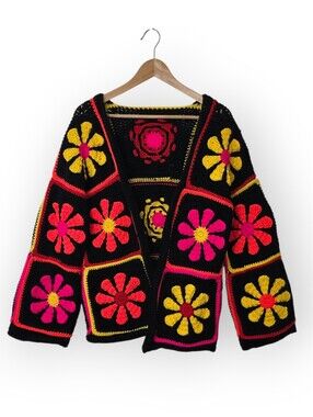 Handmade Floral Daisy Granny Square Knit Women's Cardigan Med-Large